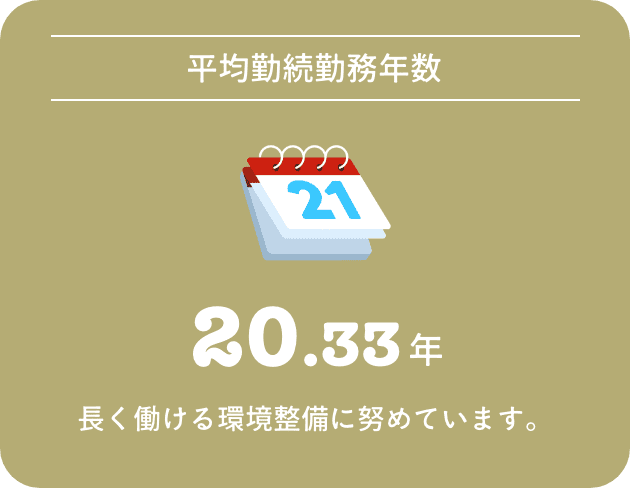 【平均勤続勤務年数】20.33年 長く働ける環境整備に努めています。