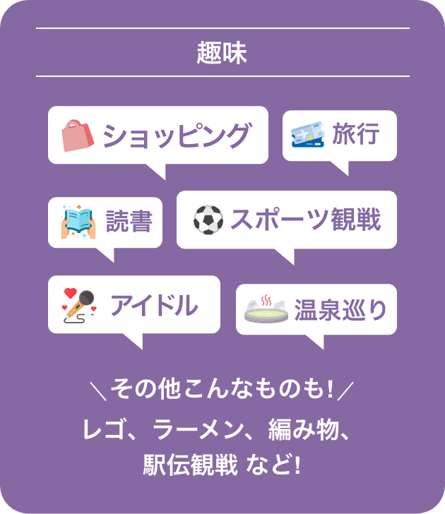 【趣味】ショッピング/旅行/読書/スポーツ観戦/アイドル/温泉巡り/その他こんなものも!レゴ、ラーメン、編み物、駅伝観戦 など!