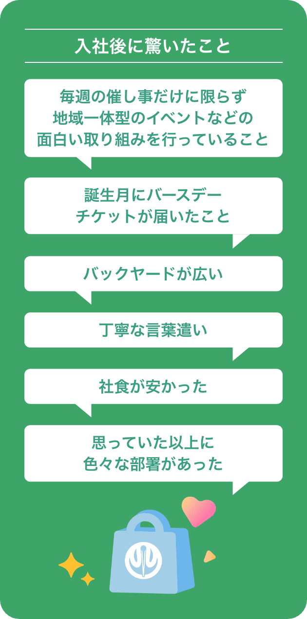 【入社後に驚いたこと】毎週の催し事だけに限らず地域一体型のイベントなどの面白い取り組みを行っていること/社食が安かった/思っていた以上に色々な部署があった/誕生月にバースデーチケットが届いたこと/丁寧な言葉遣い/バックヤードが広い
